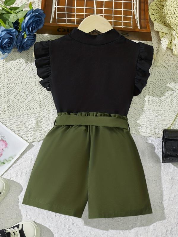 Girls 2 Piece Summer Outfit Ruffle Sleeve Top And Belted Waist Shorts Set
