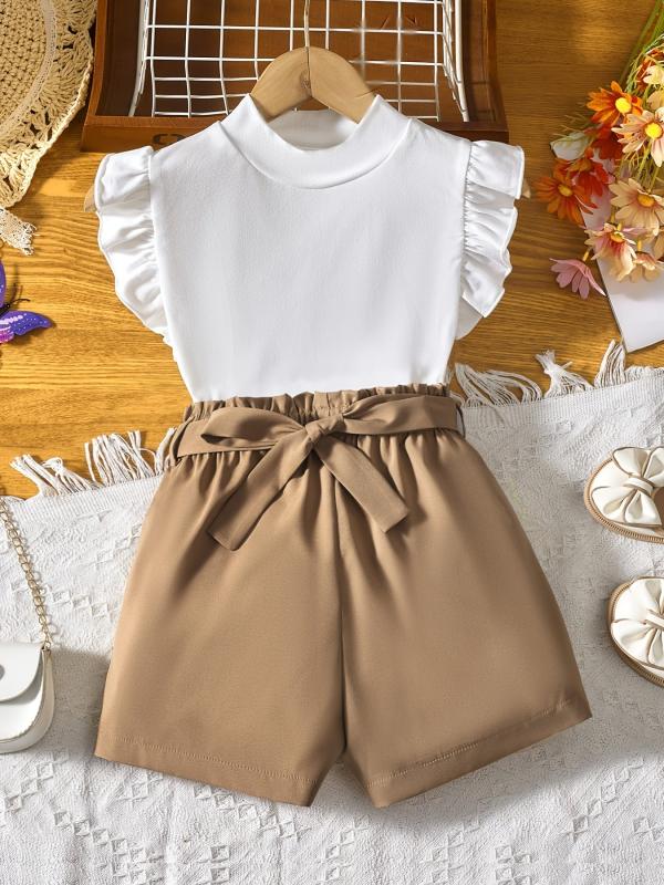 Girls 2 Piece Summer Outfit Ruffle Sleeve Top And Belted Waist Shorts Set