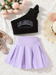 Girls Off Shoulder Top & Pleated Skirt Set For Kids
