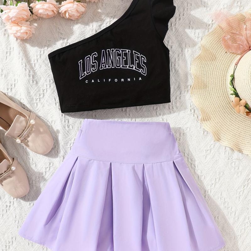 Girls Off Shoulder Top & Pleated Skirt Set For Kids