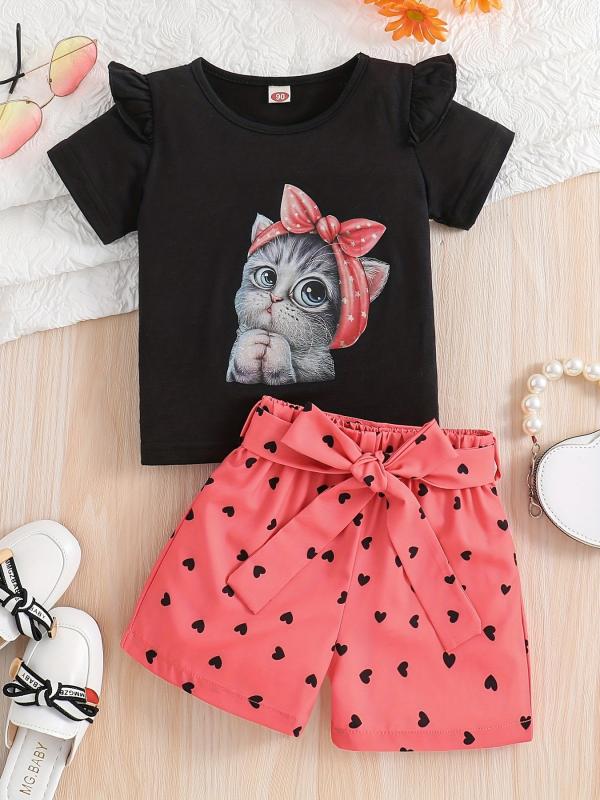2pcs Toddler Girls Cartoon Bow Cat Ruffle Trim T Shirts & Shorts