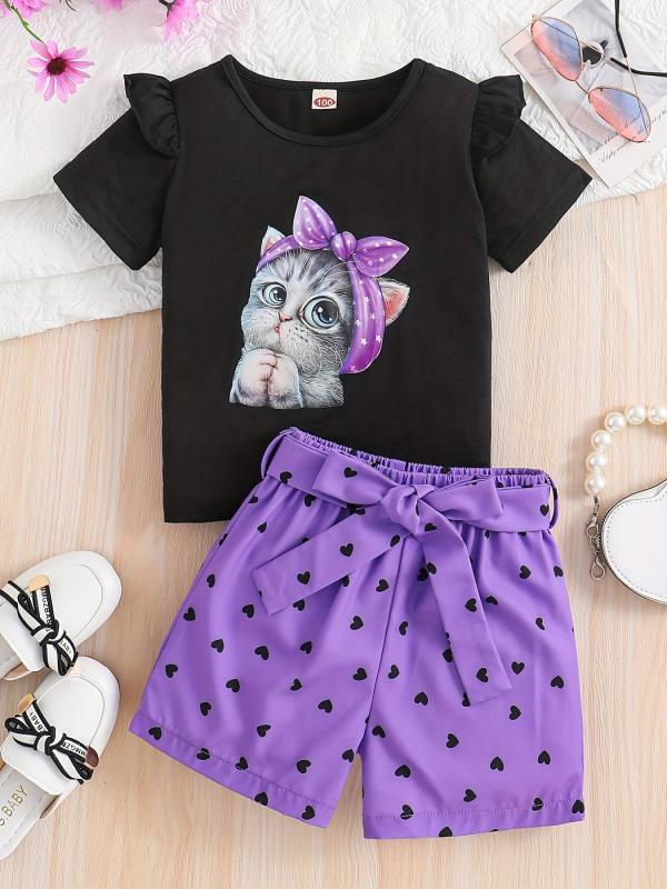 2pcs Toddler Girls Cartoon Bow Cat Ruffle Trim T Shirts & Shorts