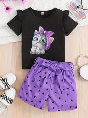 2pcs Toddler Girls Cartoon Bow Cat Ruffle Trim T Shirts & Shorts