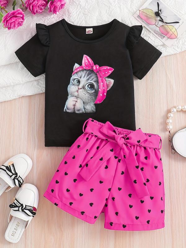 2pcs Toddler Girls Cartoon Bow Cat Ruffle Trim T Shirts & Shorts
