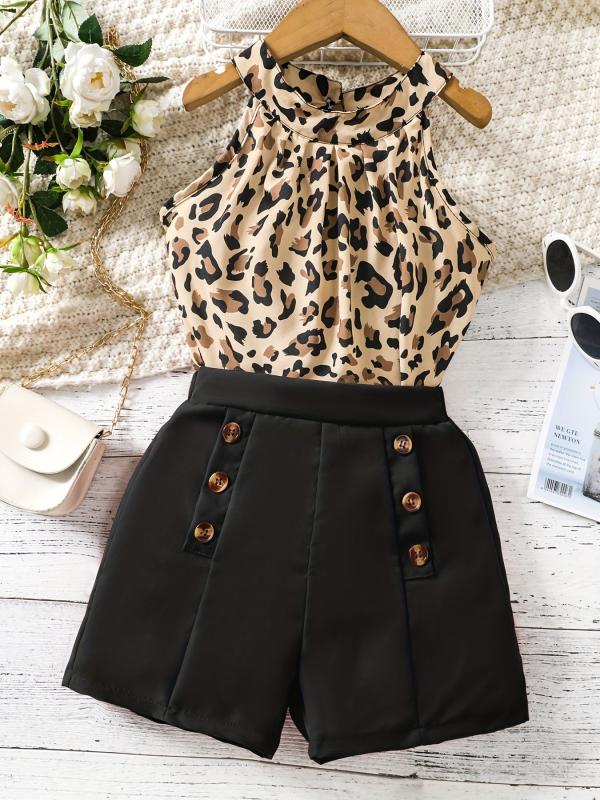 2pcs Girls Leopard Halter Top & Shorts Set Kids Summer Clothes