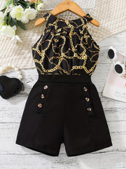 2pcs Girls Leopard Halter Top & Shorts Set Kids Summer Clothes
