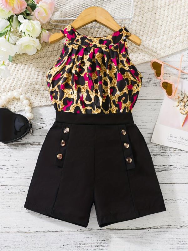 2pcs Girls Leopard Halter Top & Shorts Set Kids Summer Clothes