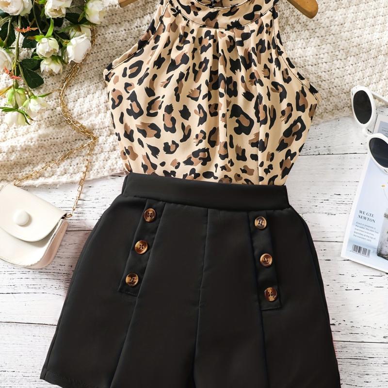 2pcs Girls Leopard Halter Top & Shorts Set Kids Summer Clothes