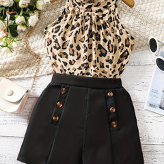 2pcs Girls Leopard Halter Top & Shorts Set Kids Summer Clothes