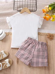 2pc Girls Figure Graphic Tee & Plaid Shorts Set Kids Summer Clothes