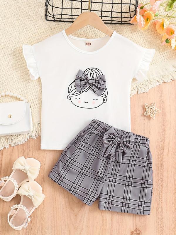2pc Girls Figure Graphic Tee & Plaid Shorts Set Kids Summer Clothes