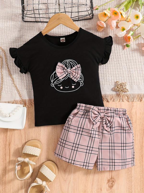 2pc Girls Figure Graphic Tee & Plaid Shorts Set Kids Summer Clothes