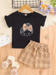 2pc Girls Figure Graphic Tee & Plaid Shorts Set Kids Summer Clothes