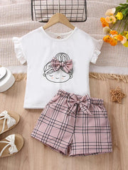 2pc Girls Figure Graphic Tee & Plaid Shorts Set Kids Summer Clothes