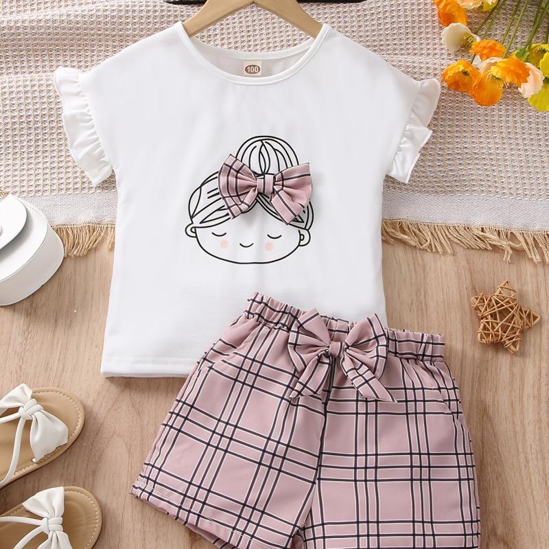 2pc Girls Figure Graphic Tee & Plaid Shorts Set Kids Summer Clothes