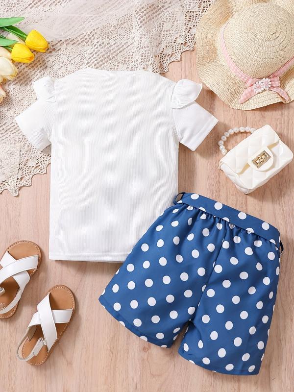 Girls Bow Graphic Ruffle Trim T Shirt & Polka Dot Belted Shorts Set
