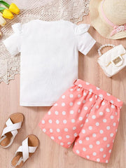 Girls Bow Graphic Ruffle Trim T Shirt & Polka Dot Belted Shorts Set