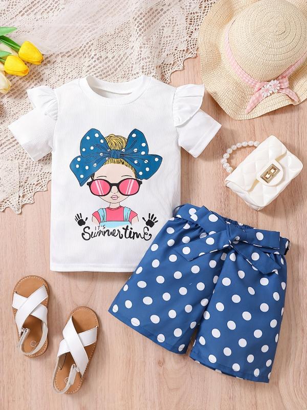 Girls Bow Graphic Ruffle Trim T Shirt & Polka Dot Belted Shorts Set
