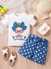 Girls Bow Graphic Ruffle Trim T Shirt & Polka Dot Belted Shorts Set