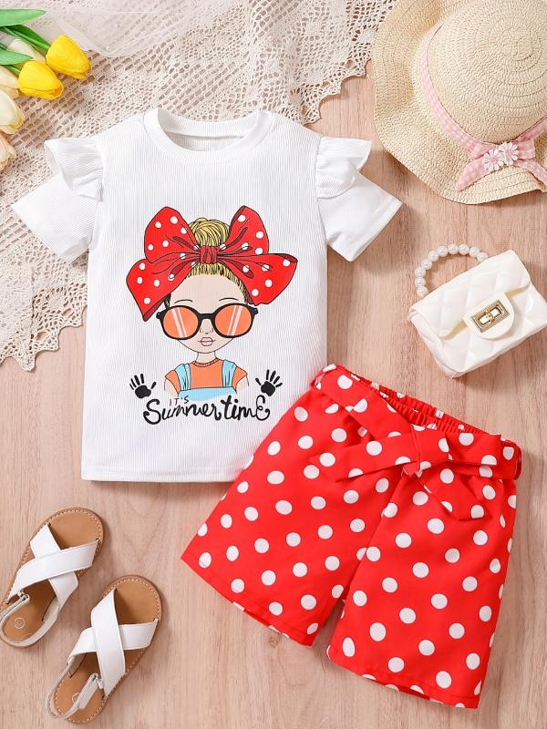 Girls Bow Graphic Ruffle Trim T Shirt & Polka Dot Belted Shorts Set