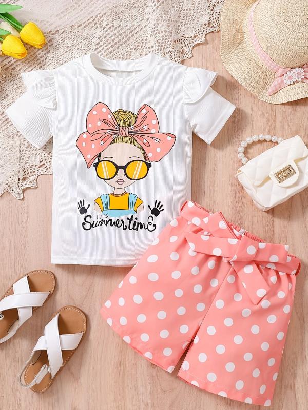 Girls Bow Graphic Ruffle Trim T Shirt & Polka Dot Belted Shorts Set