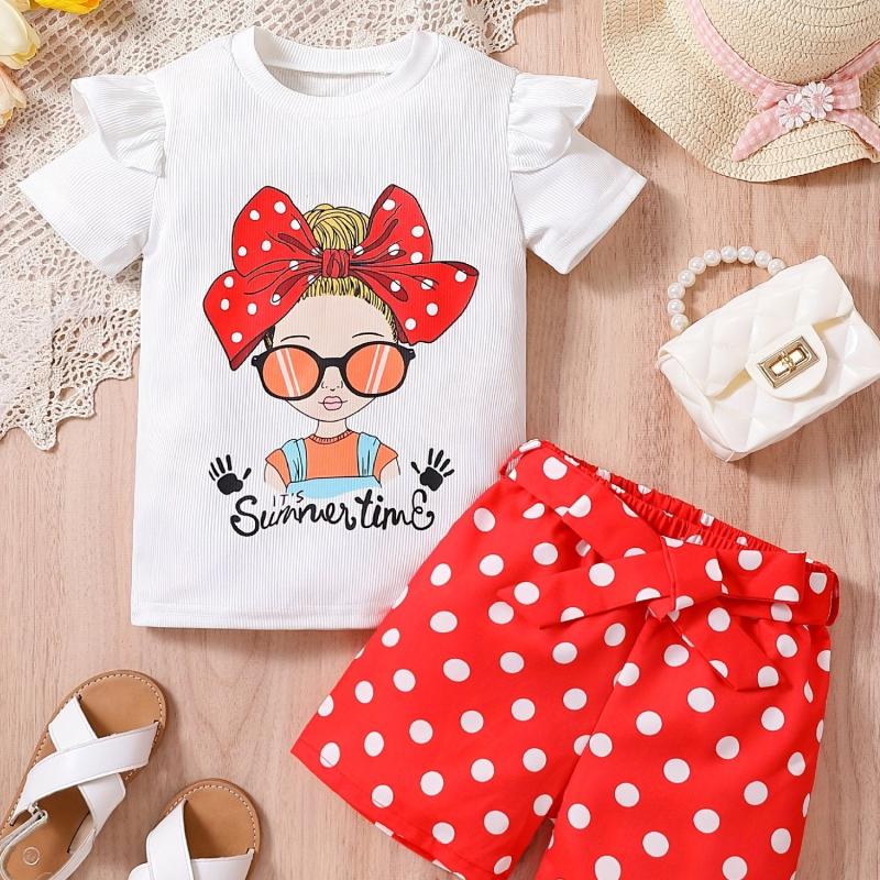 Girls Bow Graphic Ruffle Trim T Shirt & Polka Dot Belted Shorts Set