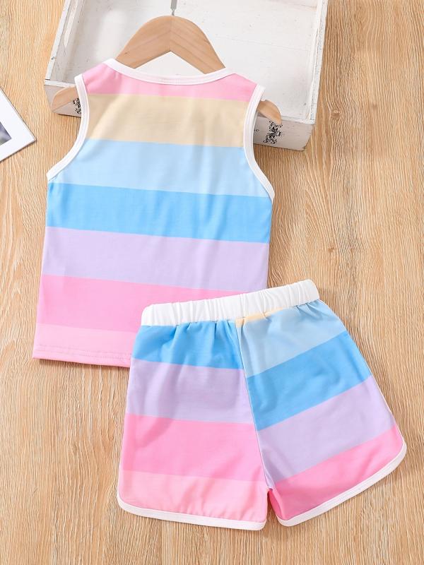 Girls Block Neck Sleeveless Tank Top & Shorts Set Kids Summer Clothes