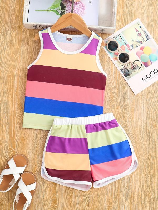 Girls Block Neck Sleeveless Tank Top & Shorts Set Kids Summer Clothes