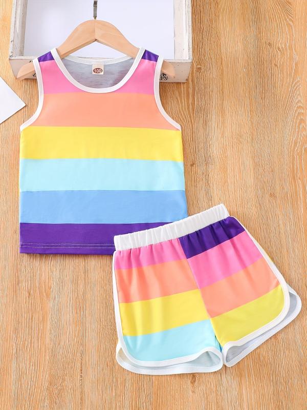 Girls Block Neck Sleeveless Tank Top & Shorts Set Kids Summer Clothes