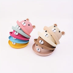 Girls Bear Straw Sun Hat Lightweight Sunscreen Breathable Cap