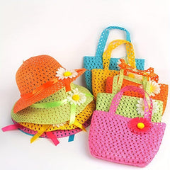 Girls Floral Straw Sun Hat & Bag Set Lightweight Cap For Kids