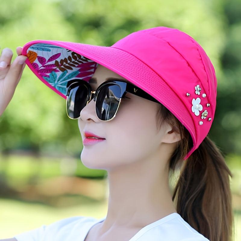 Wide Brim Visor Hat Faux Pearl Flower Solid Visor Hat