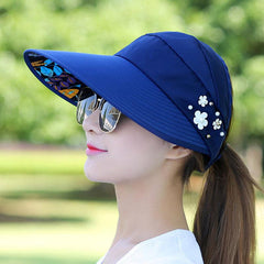 Wide Brim Visor Hat Faux Pearl Flower Solid Visor Hat