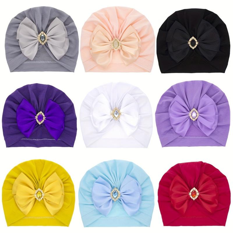 Newborn Baby Girls Bow Hat Solid Rhinestone Turbans Cap Headwear
