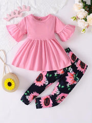Toddler Girls Sunflowers Playsuit Flared Sleeve Top & Print Pants
