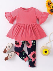 Toddler Girls Sunflowers Playsuit Flared Sleeve Top & Print Pants