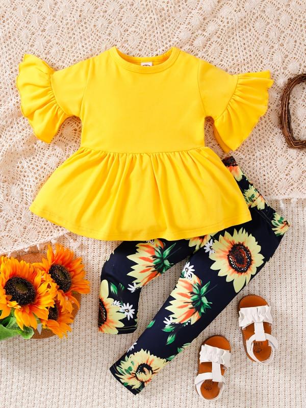 Toddler Girls Sunflowers Playsuit Flared Sleeve Top & Print Pants