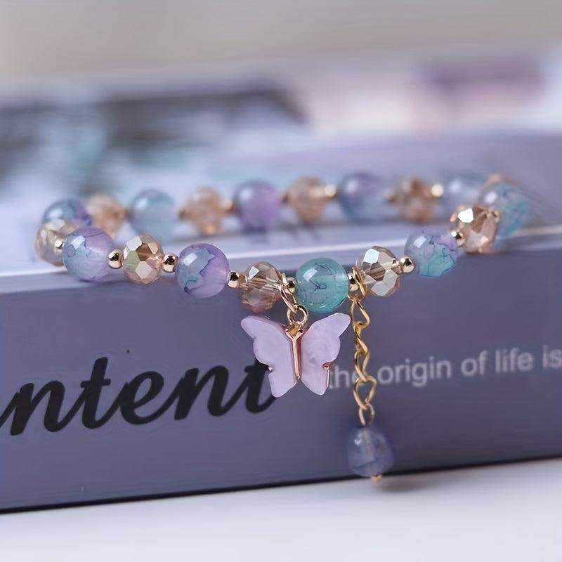 Elastic Beaded Butterfly Pendant Bracelet for Party