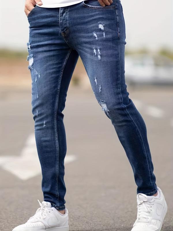 Men's Slim Fit Ripped Tapered Jeans Casual Street Style Distressed Denim Pants