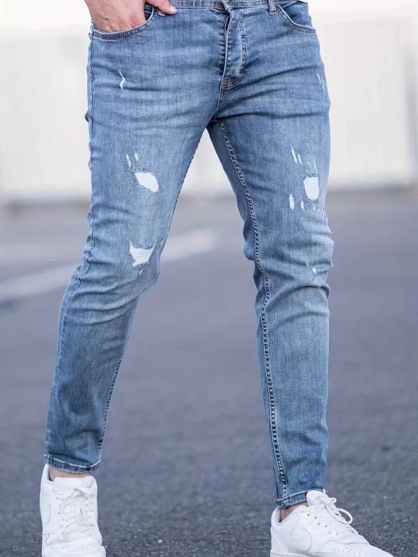 Men's Slim Fit Ripped Tapered Jeans Casual Street Style Distressed Denim Pants