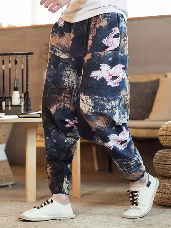 Vintage Cotton Harem Pants Men's Casual Drop Crotch Jogging Harem Pants