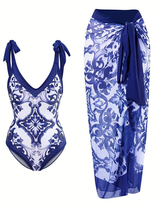 Floral Print Two Pieces Sets Swimsuit With Cover Up Skirt