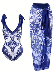Floral Print Two Pieces Sets Swimsuit With Cover Up Skirt