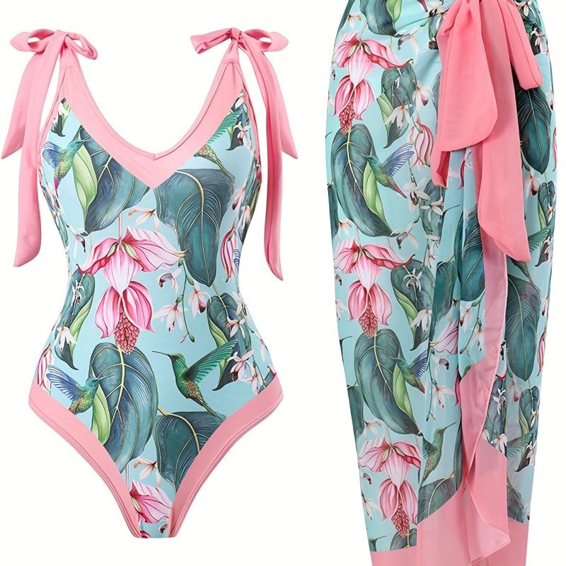 Floral Print Two Pieces Sets Swimsuit With Cover Up Skirt