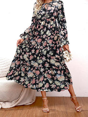 Paisley Print High Waist Maxi Dress Vintage Crew Neck Long Sleeve