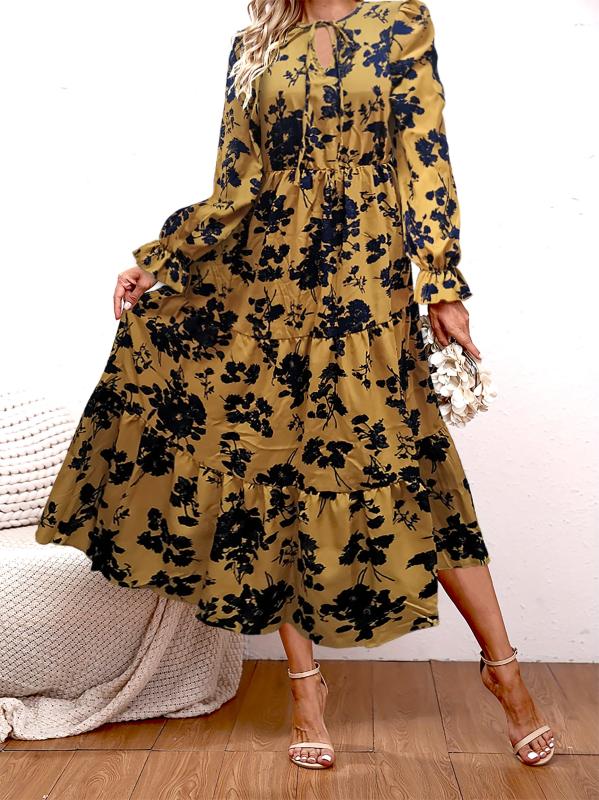 Paisley Print High Waist Maxi Dress Vintage Crew Neck Long Sleeve