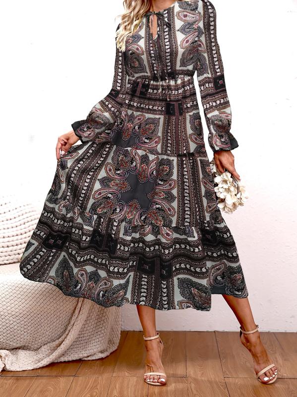 Paisley Print High Waist Maxi Dress Vintage Crew Neck Long Sleeve