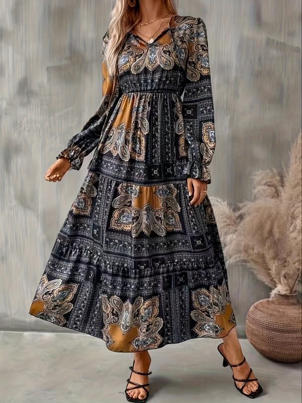 Paisley Print High Waist Maxi Dress Vintage Crew Neck Long Sleeve
