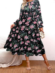 Paisley Print High Waist Maxi Dress Vintage Crew Neck Long Sleeve