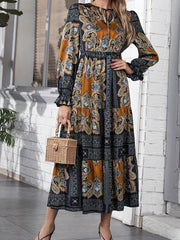 Paisley Print High Waist Maxi Dress Vintage Crew Neck Long Sleeve